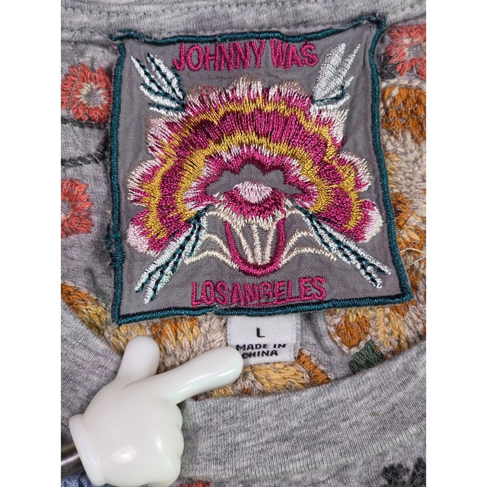 Johnny Was T-Shirt Womens Large Gray Floral Embroidered Cotton Short Sleeve - Picture 5 of 8